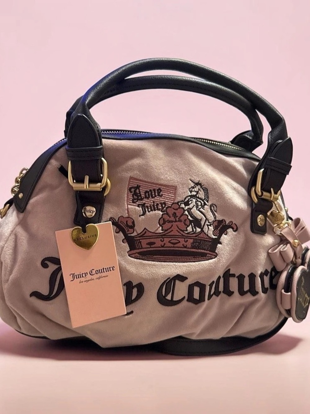 Juicy Couture Royal Juicy Crown Daydreamer Velour Satchel Pink & Black